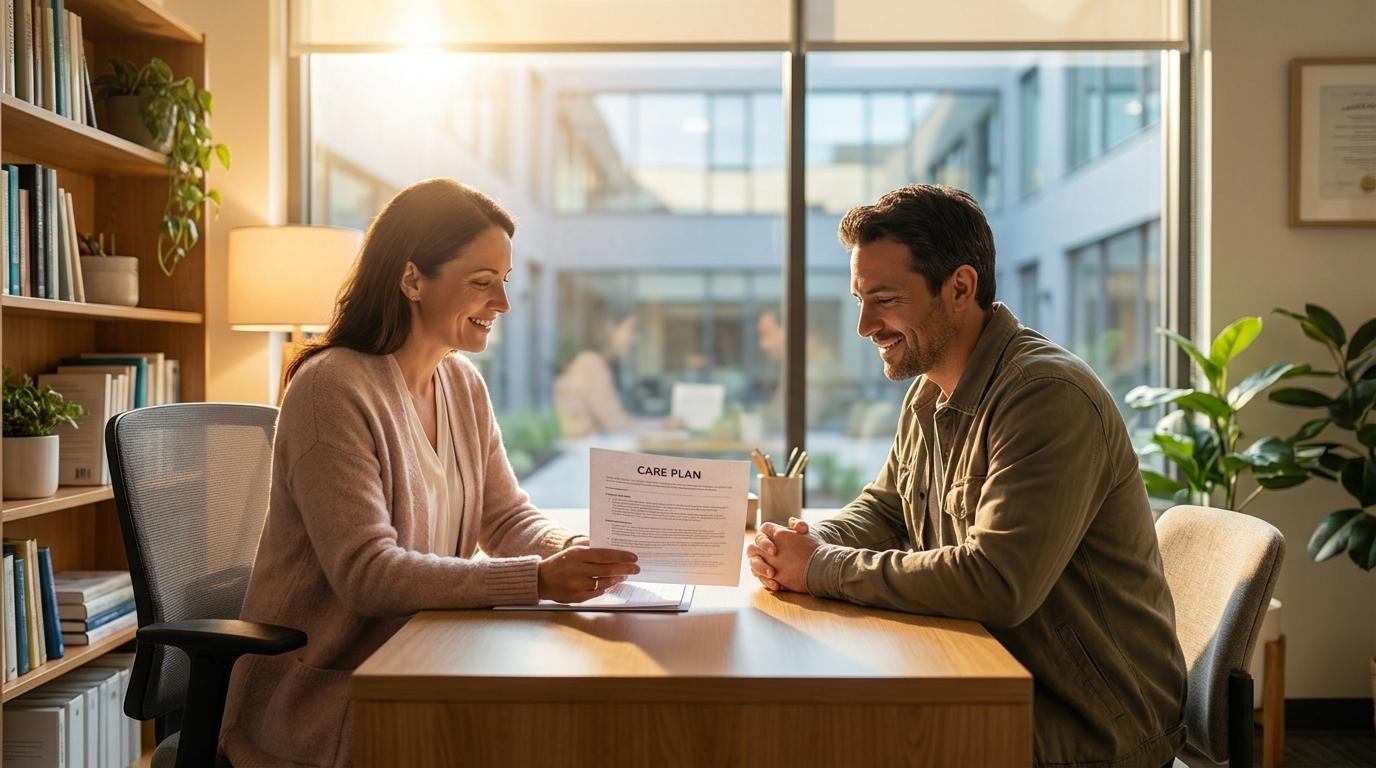 Mental health professional and patient discussing a personalised anxiety treatment plan