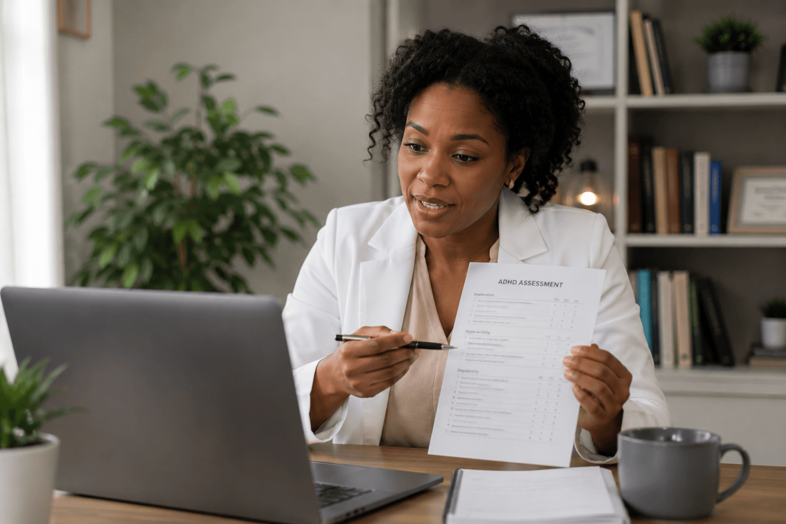 Adult attending a telehealth appointment with a mental health professional for an ADHD evaluation