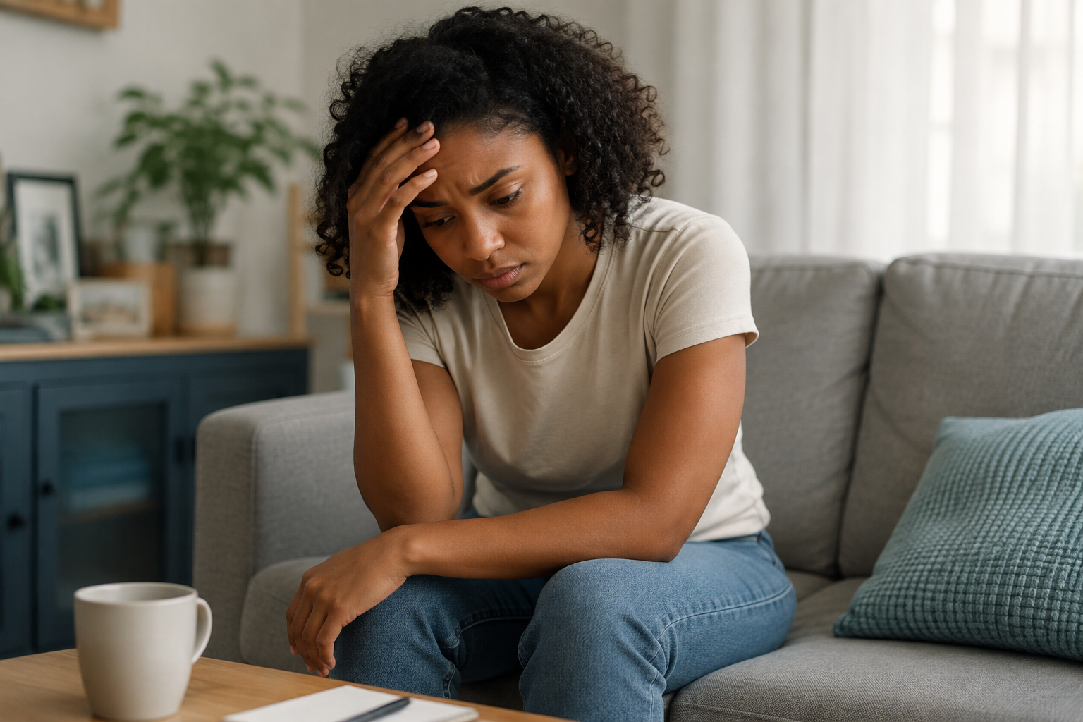 Adult experiencing anxiety and excessive worry at home
