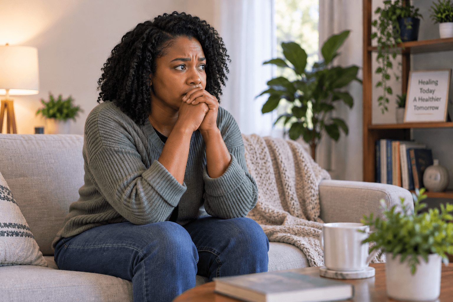 Adult experiencing anxiety and feeling constantly on edge after past trauma