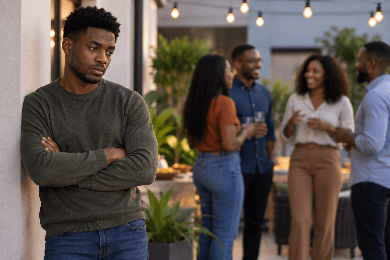 Adult experiencing trauma-related avoidance and feeling distant from a social gathering