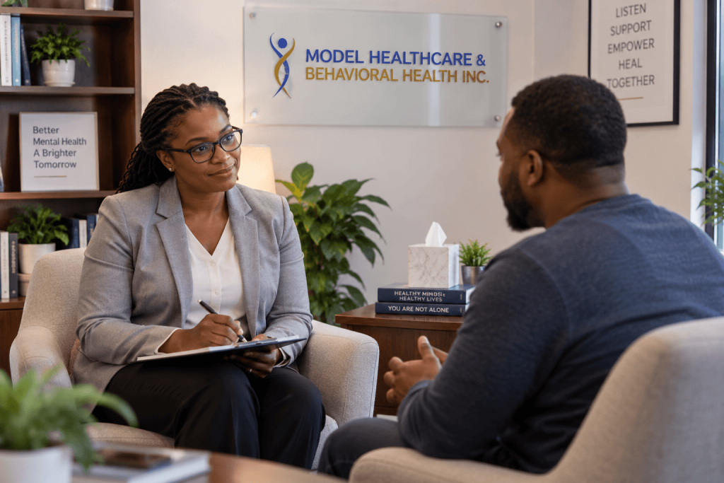 Mental health professional talking with an adult patient about anxiety symptoms and treatment