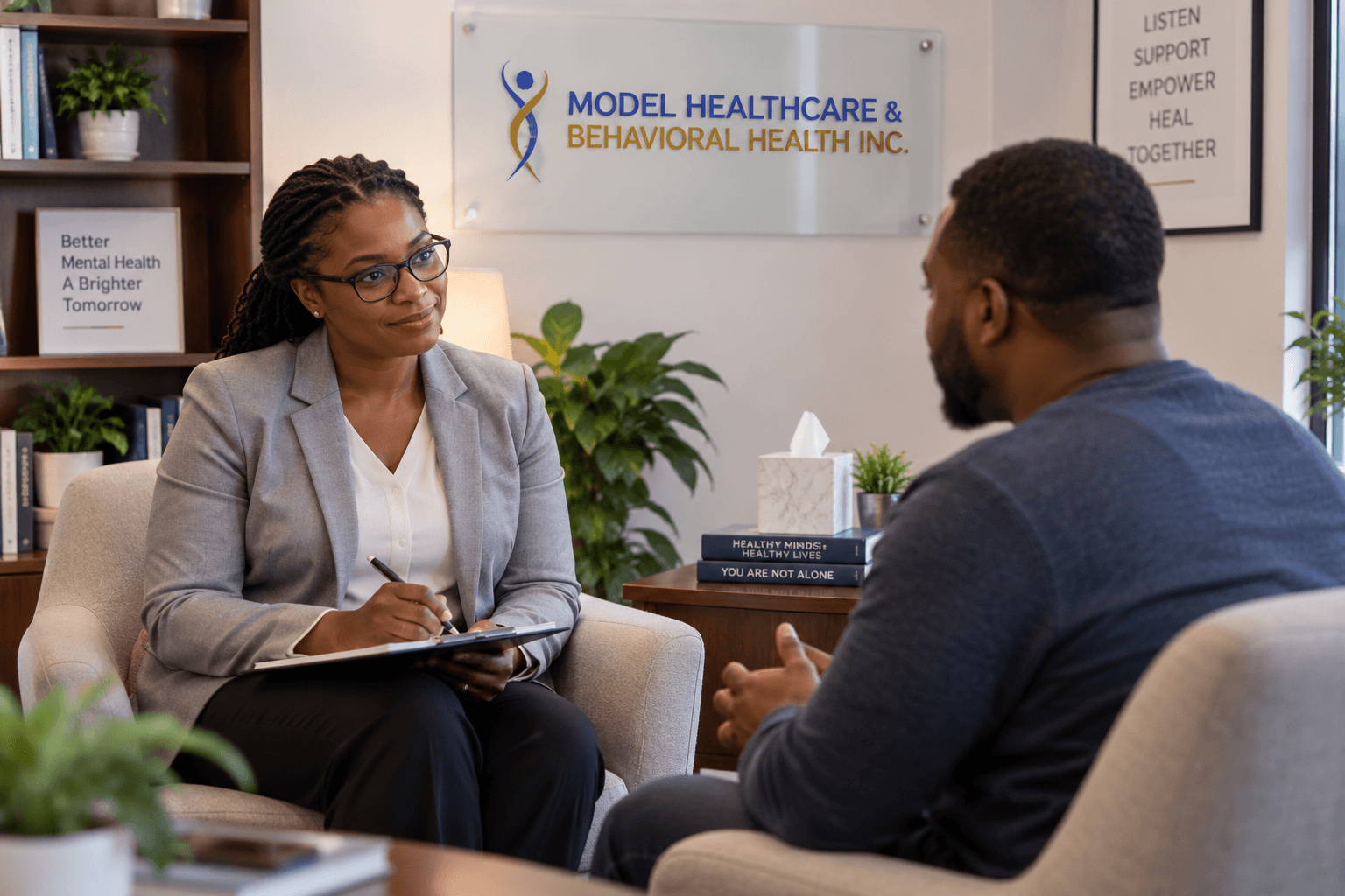 Mental health professional talking with an adult patient about anxiety symptoms and treatment