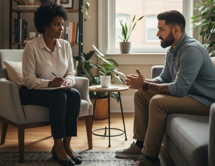 Mental health therapist providing professional support to an adult experiencing anxiety