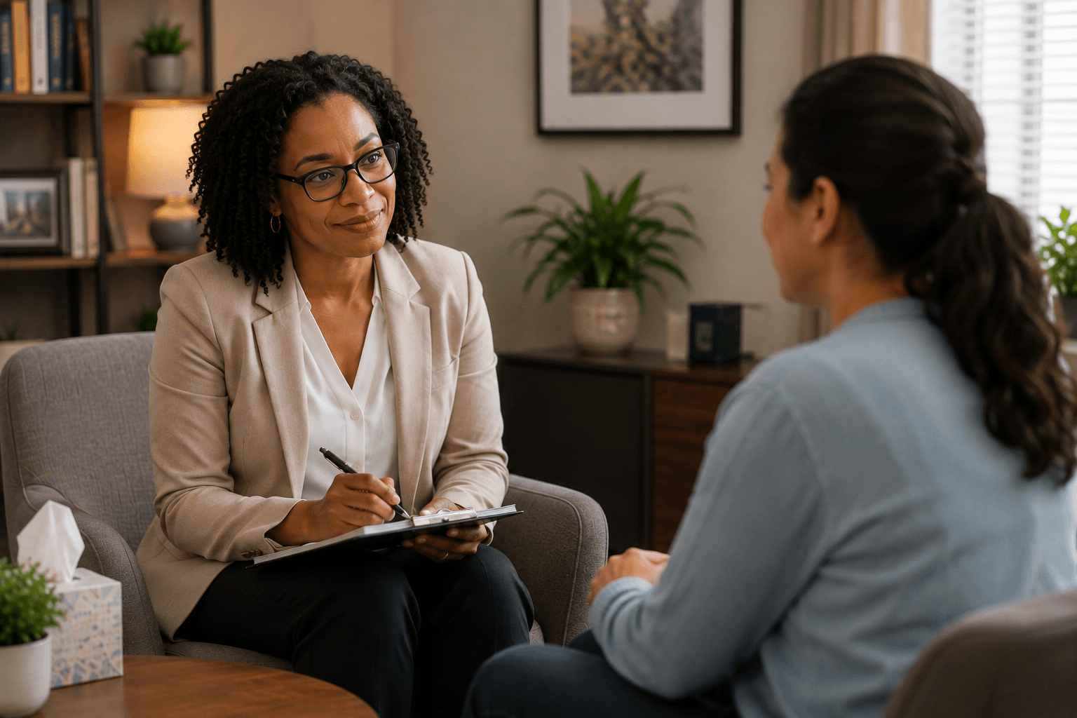 An adult patient speaking with a psychiatrist