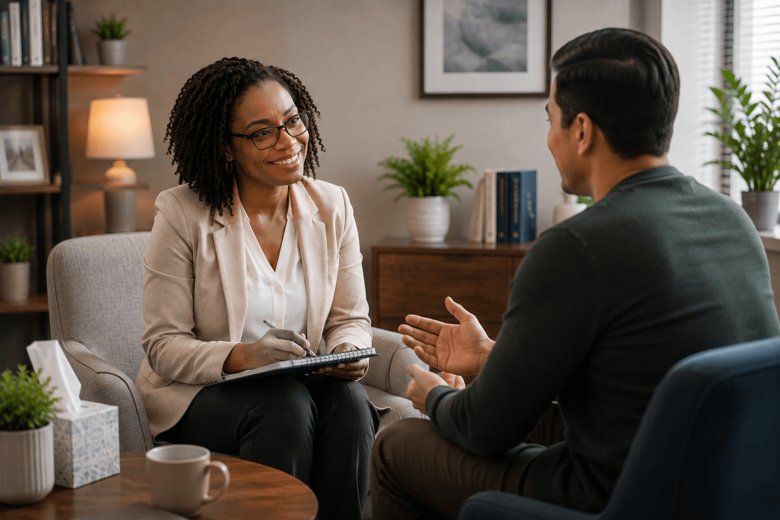 Mental health professional having a supportive conversation with an adult seeking ADHD care