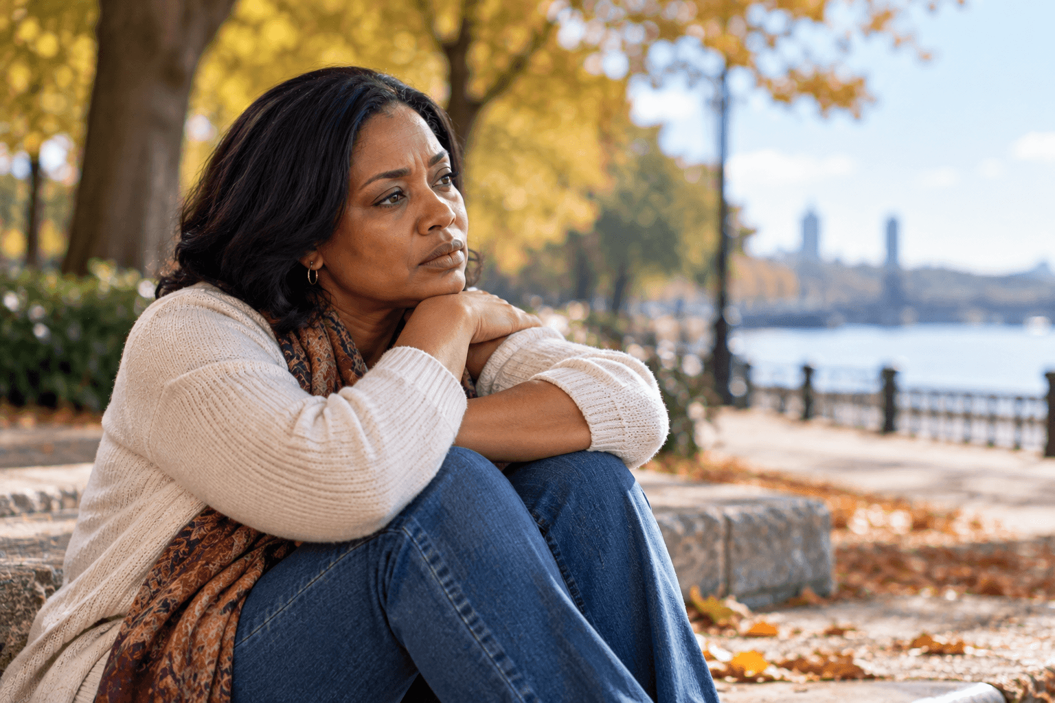 Adult sitting alone on a park bench reflecting on emotional loss and relationship difficulties.