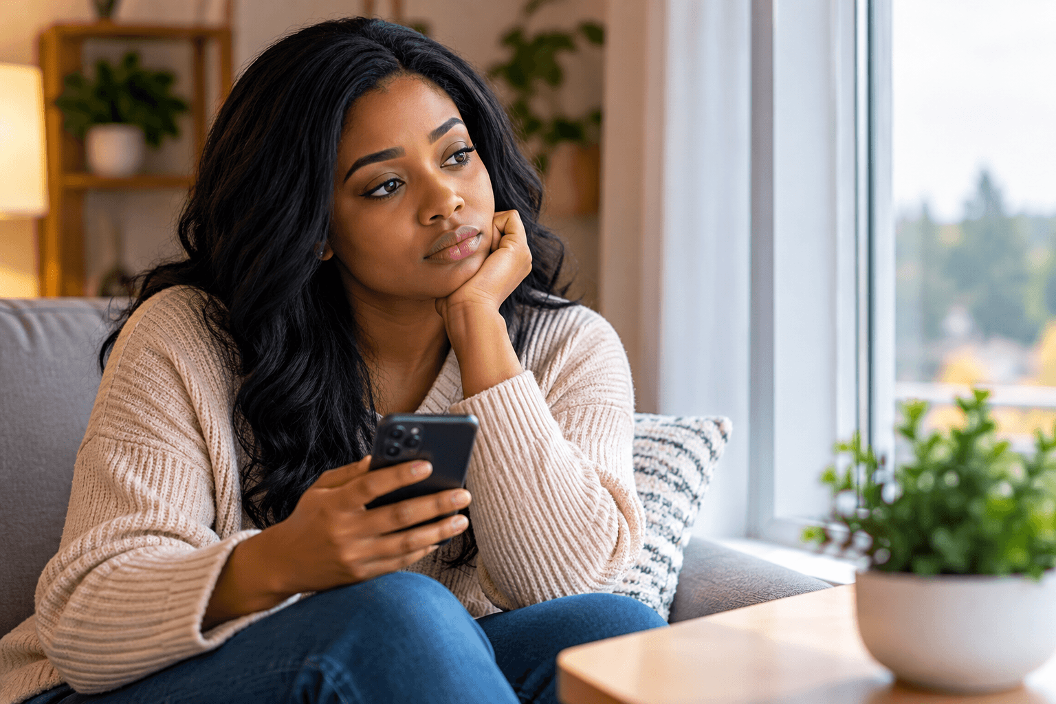 Adult reflecting on an unrequited romantic relationship while looking at a phone.