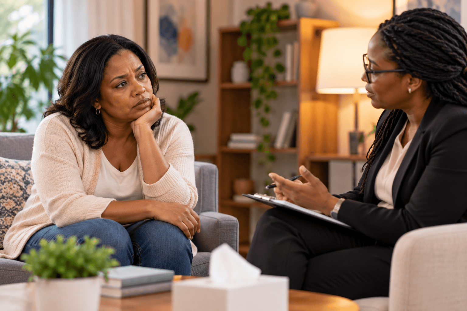 Mental health professional supporting an adult exploring relationship patterns and emotional wellbeing.